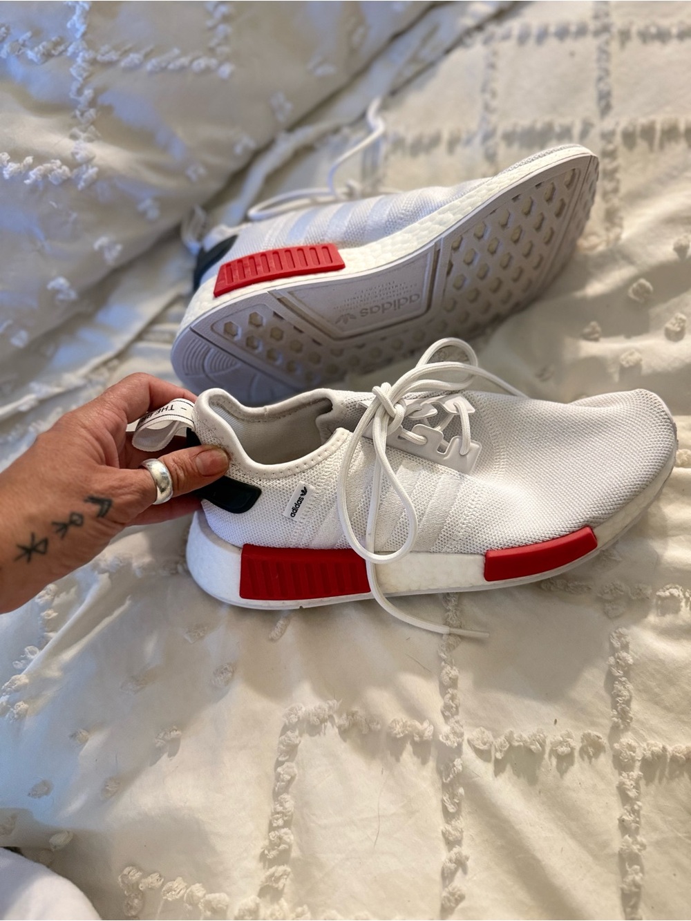 adidas White NMD R1 Sneakers with Red Accents
